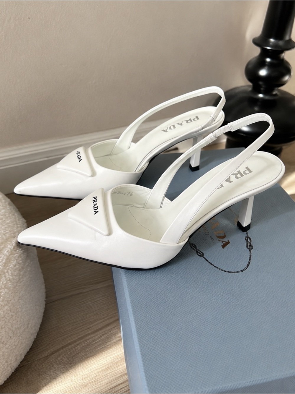 Prada White Pointed Leather Slingback Pumps with Logo Plaque - Picture 2 of 5